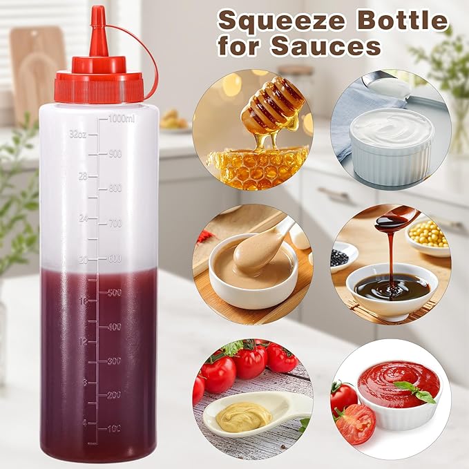 Condiment Squeeze Bottles Ketchup Dispenser, 4 Pack 32oz Squeeze Bottles for Liquids, Plastic Sauce Bottle with Cap Lid, Squirt Bottles for Sauces Liquids BBQ Dressing Pancake Art