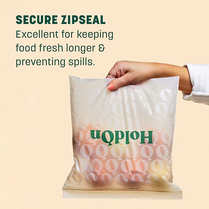 HoldOn Zipseal Gallon Bags - Compostable, PFOA-Free, BPA-Free, Food-Safe Zip Seal Food Storage Bags/Freezer-Safe Gallon Bags With Secure Seal for Home & Travel (25 bags total)
