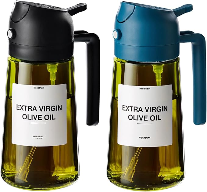 TrendPlain - Original 16oz/470ml Olive Oil Dispenser Bottle for Kitchen Gadgets and Air Fryer Accessories - Olive Oil Sprayer for Cooking w/Stickers - Black&Navy