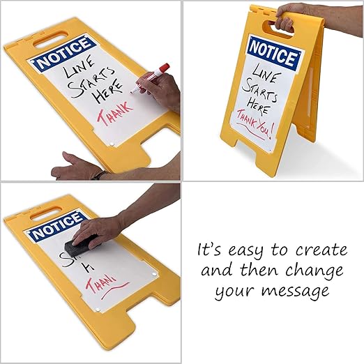SmartSign 25 x 12 inch “Notice” Write-On Two-Sided Folding Floor Sign, Dry Erase, Digitally Printed Polypropylene Plastic, Multicolor, Made in USA