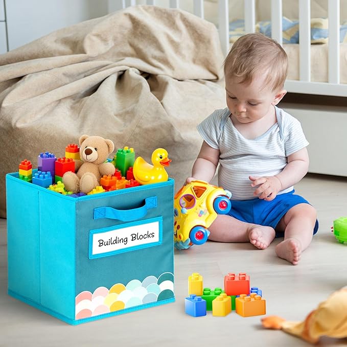 Cube Storage Bins, 3 Pack 11 Inch Fabric Storage Bins with Handle and Label Window, Foldable Storage Cubes, Colorful Fabric Bins for Kids Room, Classroom Organization and Storage, Clothes, Toys