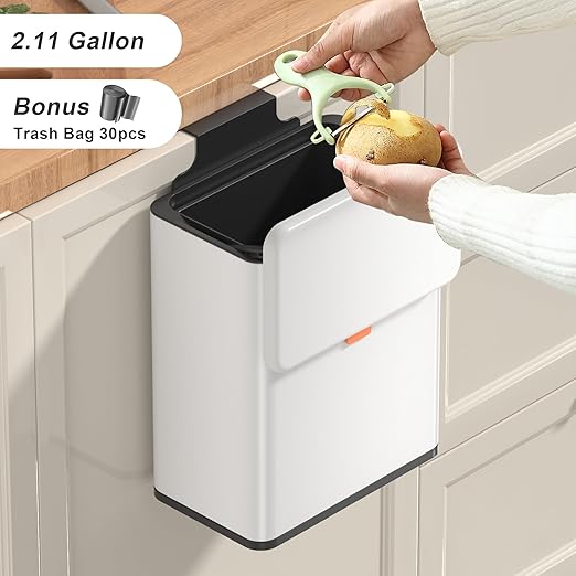 Mbillion Kitchen Compost Bin Hanging Trash Can with Lid 2.1 Gallon Stainless Steel Garbage Can for Kitchen Cabinet Door Mounted Trash Can Under Sink Door RV Bathroom,White