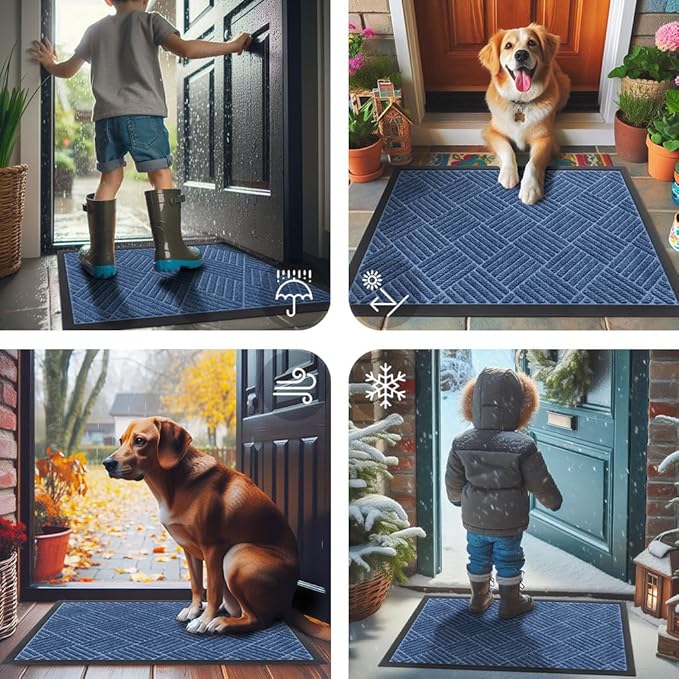 Smiry Front Door Mat Outside Entrance, Heavy Duty Outdoor Indoor Natural Rubber Doormat, Non Slip, Trap Dirt and Moisture, Easy Clean, Low Profile Patio Porch Entryway Mat, 29.5x17, Blue