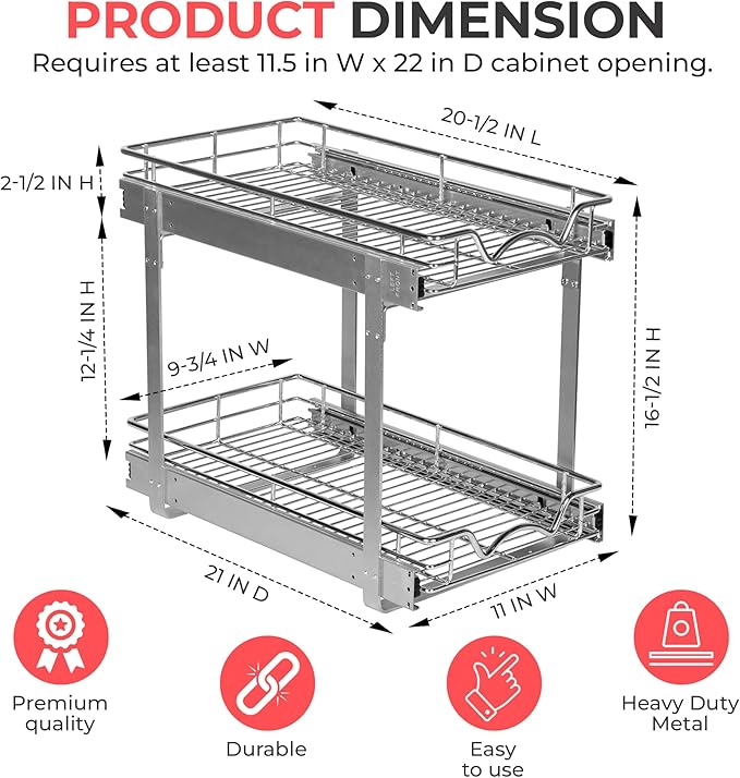 HOLDN’ STORAGE Two Tier Pull Out Cabinet Organizer, Individual Sliding Drawers - Heavy Duty Metal with Lifetime Limited Warranty - Anti Rust Chrome Finish - 11" W x 21”D x 16.5" H