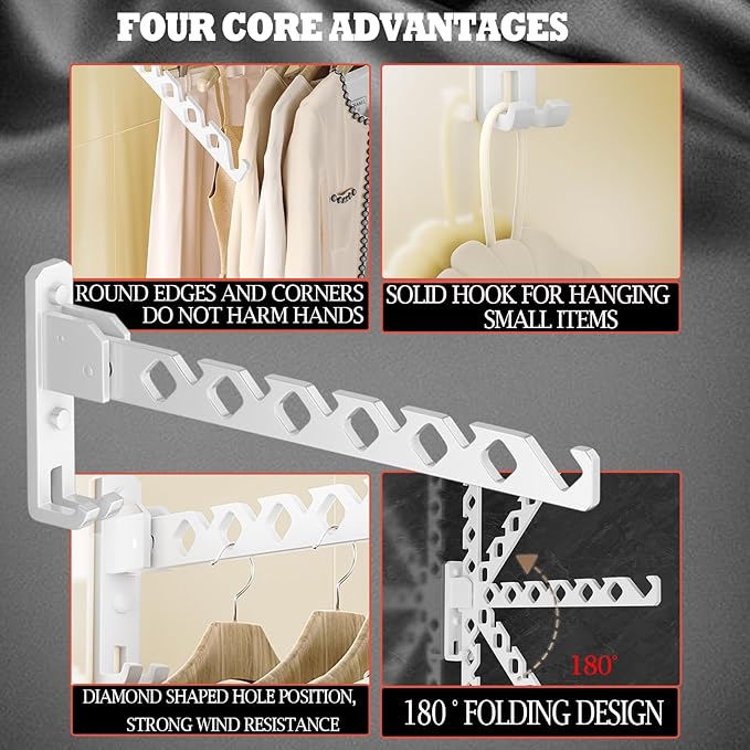 Dr.DJ Wall Mount Coat Hanger Holder White Clothes Drying Organizer Rack Garment Hooks Aluminium Retractable Folding Indoor Wall Mounted Hanger Space Saver for Laundry Room Bedroom White 2Pack
