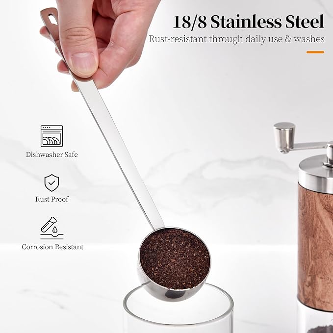 Long Handle Coffee Scoop: 8.6 Inch 18/8 Stainless Steel 2 Tablespoon Metal Measuring Spoon Tbsp Scoop for Coffee Beans, Grounds Coffee, Coffee Powder, Tea, Tall Jars (2Tbsp/30ml)