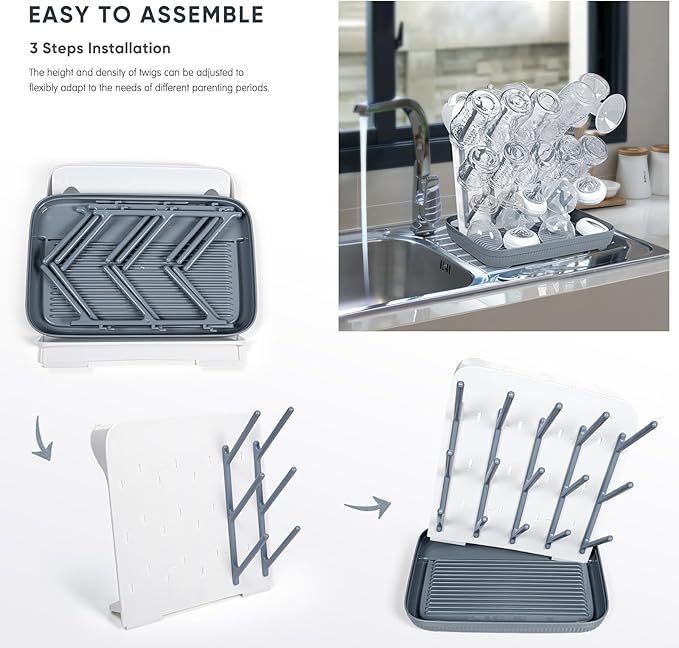 Termichy Baby Bottle Drying Rack: Vertical Bottle Dryer Rack Holder with Brushes Set- Drying Rack & Nipple Scrubber-Space Saving Standing Drying Rack for Baby Bottles and Pump Part Cleaning
