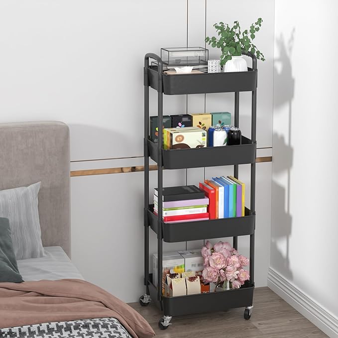 Sywhitta 4-Tier Plastic Rolling Utility Cart with Handle, Multi-Functional Storage Trolley for Office, Living Room, Kitchen, Movable Storage Organizer with Wheels, Black