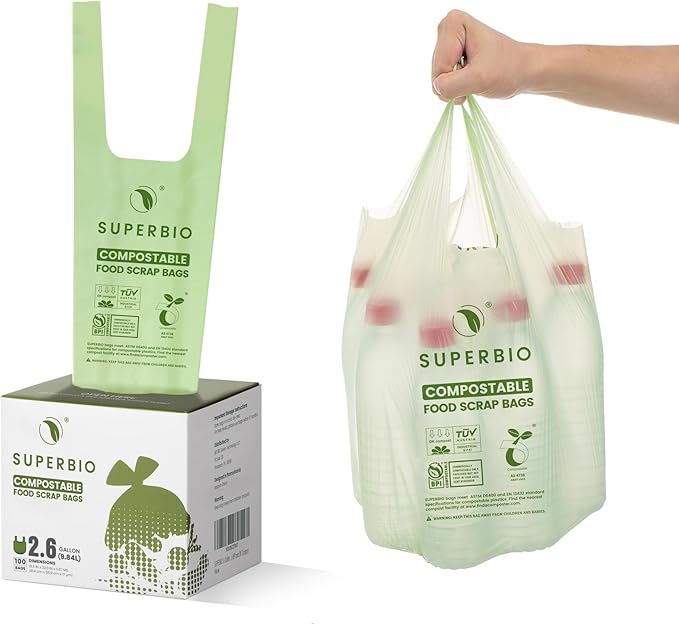 SUPERBIO 2.6 Gallon Compostable Bags with Handles, 100 Count,1 Pack, Food Scrap Bags Certified by BPI and OK compost INDUSTRIAL, 9.84L