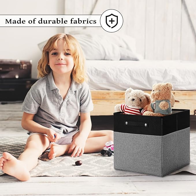 13 x 13 Inch Fine Linen Storage Bins with Handles，Fabric Cube Boxs，Collapsible Basket Organizers for Shelves for Home, Closet Drawers (Black/Gray-6 Pack)