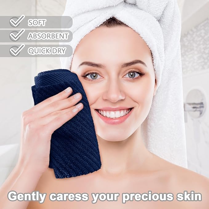 Wash Cloths for Your Face (13"x13") - 100% Cotton | Lightweight | Thick | Quick Dry | Soft | Absorbent, Hand Towels 6 Pack, Wash Cloths for Bathroom & Showering, Towel Gift Set, Navy Blue