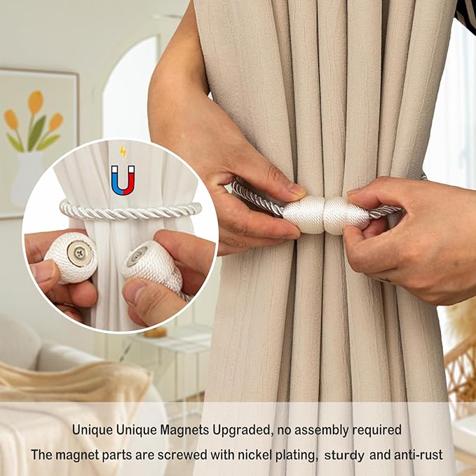 Magnetic Curtain Tiebacks Rope Tie Backs 2 Pack Curtains Holders for Drapes Decorative Window Holdbacks, White