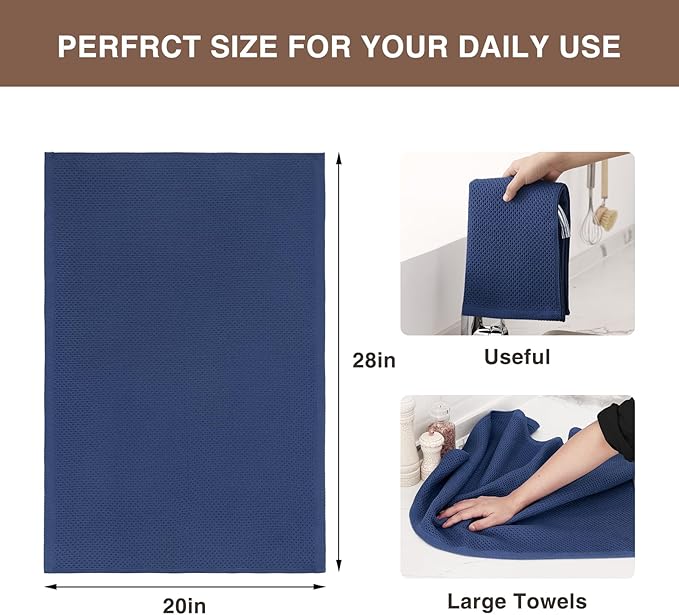 Homaxy 100% Cotton Oversized Waffle Weave Kitchen Dish Towels, Ultra Soft Absorbent Quick Drying Cleaning Towel, 20 x 28 Inches, 4-Pack, Navy Blue
