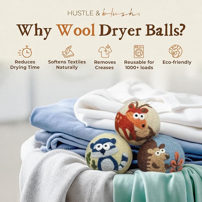 Fluff Ewes Wool Dryer Balls 3 Pack Premium New Zealand Wool Laundry Balls for Dryer, No Static Dryer Balls Laundry Reusable, XL Hedgehog Dryer Balls, Baby Dryer Balls for Dryers - Hedgehog and Homies