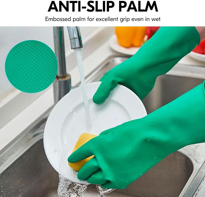 Vgo... 3-Pairs Reusable Household Gloves, Rubber Dishwashing gloves, Extra Thickness, Long Sleeves, Kitchen Cleaning, Working, Painting, Gardening, Pet Care (Size XL, Green, HH4601)