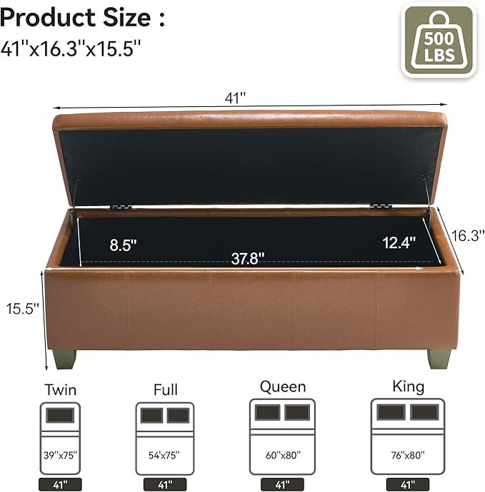 41" Faux Leather Storage Ottoman, Stitch Tufted Rectangle Upholstered End of Bed Storage Bench, Entryway Large Couch Ottoman with Wooden Legs, Light Brown