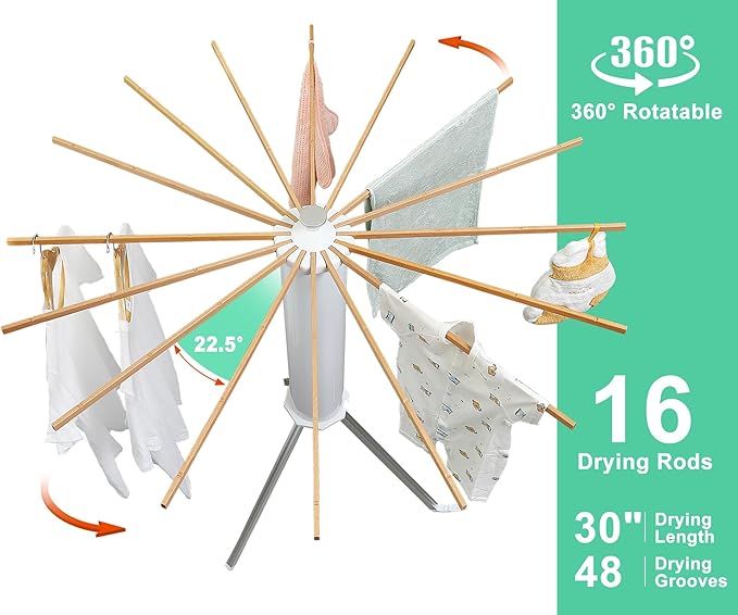 Cylinder Tripod Clothes Drying Rack - 16 Expandable Rods | Standing Octopus Drying Rack Clothing | Space Saving Master | Collapsible Compact for Laundry Room Household & Indoor | Solid Wood