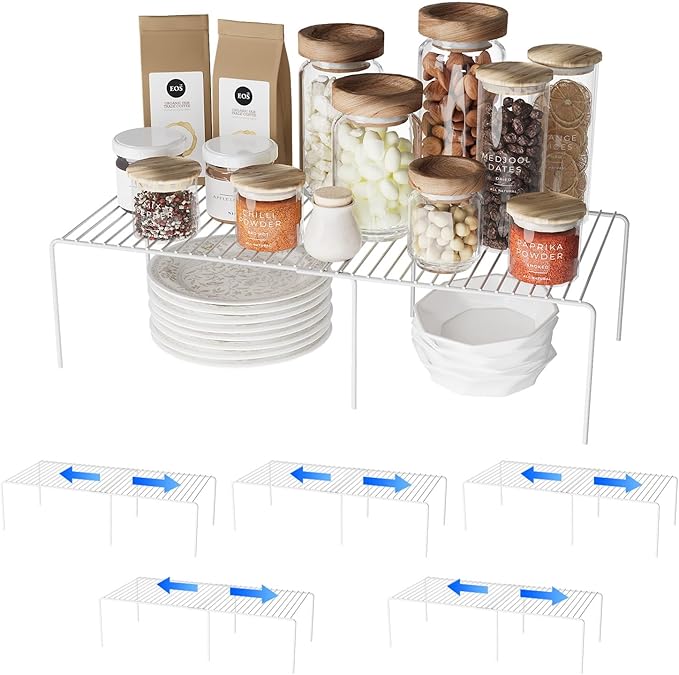 Expandable Storage Shelf, Pantry Organizers and Storage, Adjustable Rustproof Metal Wire Spice Rack, Space Saver Kitchen Storage Shelves for Pan, Pot, Countertop, Drawer, Fridge, Set of 6, White