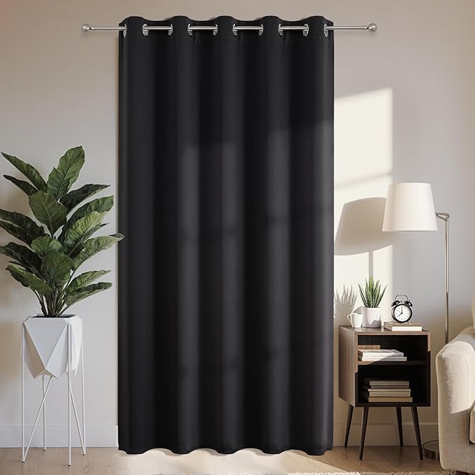 Joydeco Blackout Patio Sliding Door Curtains 90 Inches Long, Grommet Privacy Room Divider Curtains, Extra Wide Thermal Blackout Drapes for Bedroom Living Room (Black, 70Wx90L, 1 Panel)