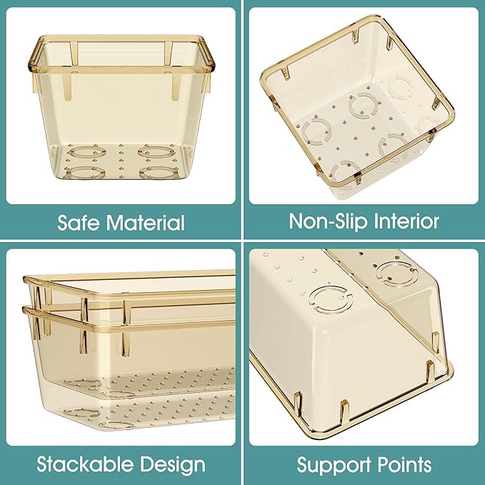 WOWBOX 25 PCS Plastic Drawer Organizer Set, 4 Sizes Desk Drawer Divider Organizers and Storage Bins for Makeup, Jewelry, Gadgets for Kitchen, Bedroom, Bathroom, Office, Clear Champagne
