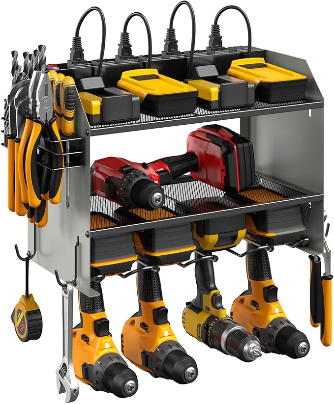 CCCEI Modular Power Tool Organizer Wall Mount with Charging Station. Garage 4 Drill Storage Shelf with Hooks, Drill Bit Heavy Duty Rack, Grey Tool Battery Holder Built in 8 Outlet Power Strip.