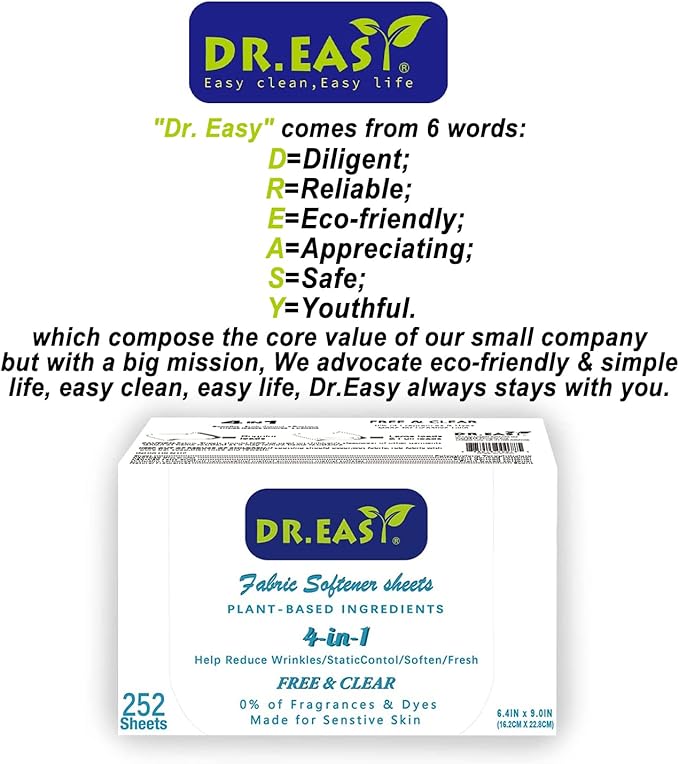DR.EASY Dryer Sheets Plant Based Formula 252 Ct Fabric Softener sheets for Laundry Free & Clear Essential Oil Scented No Artificial Fragrances No Dyes Reduce Static & Wrinkles Help Repel Pet Hair