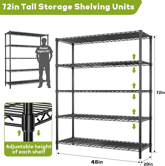 Storage Shelves, 4 PCS 48" L x 20" W x 72" H Heavy Duty Garage Wire Shelving Unit Loads 2000LBS, 5-Tier Adjustable Metal Industrial Utility Shelf Rack for Kitchen, Laundry Room, Basement