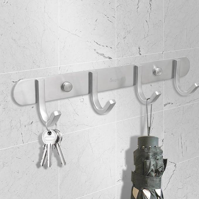 Coat Hook Rack Brushed Nickel 10.6-Inch Coat&Towel Hook Rail Wall Mounted with 4 Hooks, Durable Wall Hangers for Bedroom, Bathroom, Foyer, Hallway (SUS304 Stainless Steel)