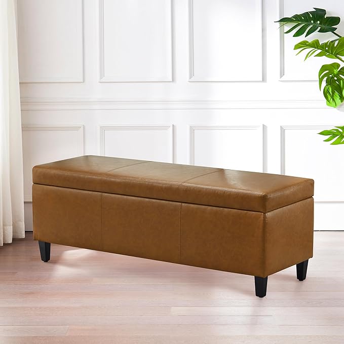 HUIMO Faux Leather Storage Ottoman Bench 50.3 Inch Extra Long PU Upholstered Bedroom Bench with Large Storage Space for The Living Room, Entryway, Bedroom Hold Up to 300lbs (Light Brown)