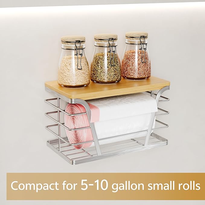 Small Bag Holder，Plastic Bag Holder with Removable Bamboo Top, No Drill, 304 Stainless Steel