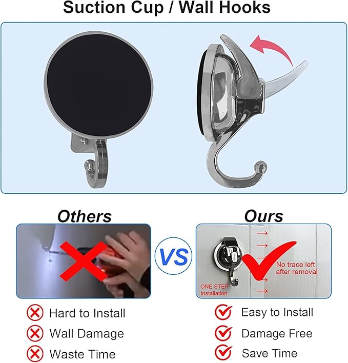 Heavy Duty Vacuum Suction Shower Hooks - Glass Suction Cup Hooks, Bathroom Robe Hooks, Reusable, No Hole Punched, for Garland Decoration (Silver Grey, 4 Pack)