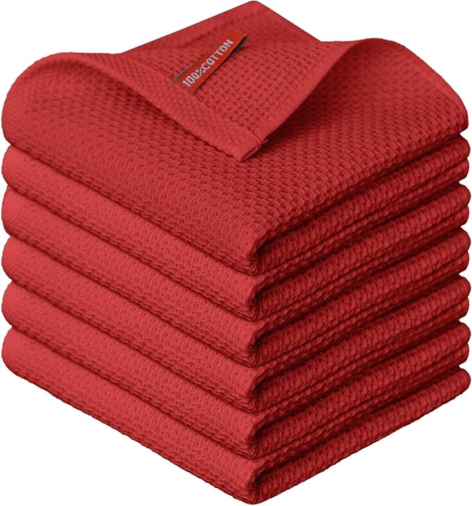 Artoid Mode 100% Cotton Dark Red Waffle Weave Kitchen Dish Cloths, 12x12 Inch Ultra Soft Absorbent Quick Drying Kitchen Dish Towels Set of 6