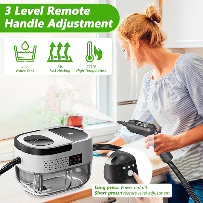 Handheld Steam Cleaner, 2500W High Pressure Steamer for Cleaning, Portable Steam Cleaner with 1.6L Water Tank, 3 Levels Adjustable Handle, Steam Cleaner for Home, Car, Furniture, Bed Bugs (White)