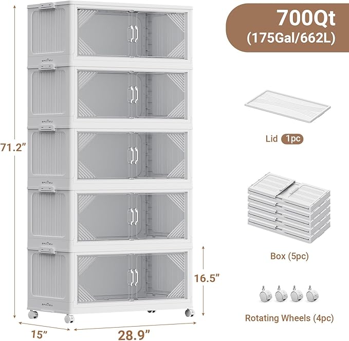 175Gal Plastic Stackable Storage Bins with Lid, 700QT Extra Large Closet Organizers Collapsible Cabinets Boxes With Drawers, Foldable Containers with 4x Wheels for Home Kitchen, V60 5Pack White