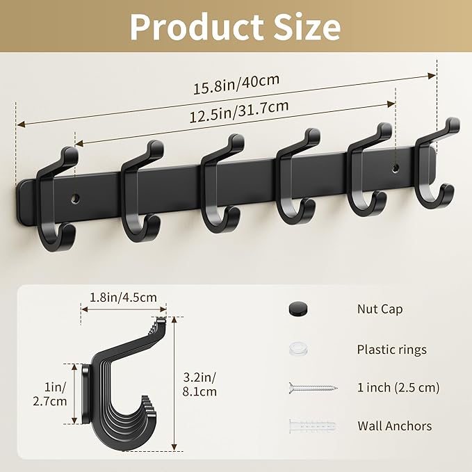 Coat Rack Wall Mounted Heavy-Duty: Metal Coat Hanger 6 Hooks for Hanging Hat, Clothes, Robe, Keys, Backpack, Bathroom Towels, Jacket, Purse - Closet, Door, Entryway, Mudroom (Black, 2 Pack)