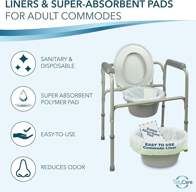 Disposable Bedside Commode Liners and Pads for Portable Toilet Chair Seat Bucket and Bedpan | Combo Pack of 72 Waste Bags and 72 Absorbent Pads | Universal Fit