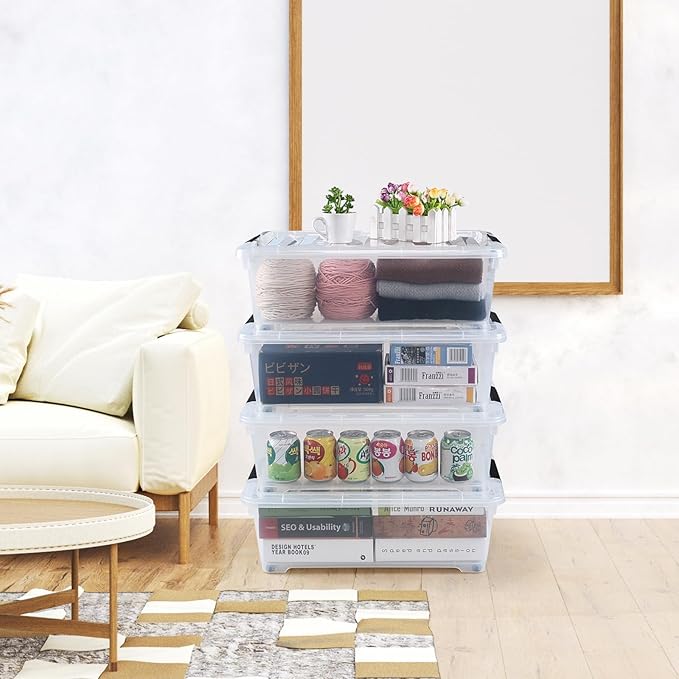 20 Quart Under Bed Plastic Storage Bins, 4-Pack Clear Under Bed Storage Box with Wheels