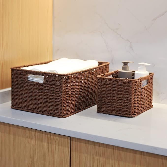 HOONEX Large Woven Baskets for Storage, Paper Rope Baskets with Sturdy Metal Wire Frame, Baskets for Shelves, Set of 3, Dark Brown