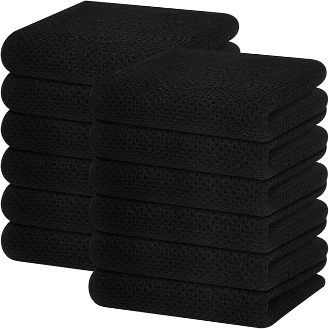Homaxy 100% Cotton Waffle Weave Kitchen Dish Towels, Ultra Soft Absorbent Quick Drying Cleaning Towel, 13 x 28 Inches, 12-Pack, Black