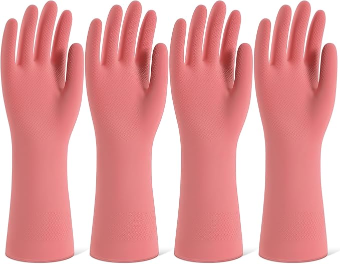 Rubber Cleaning Gloves for Dishwashing, 4 Pairs Reusable Kitchen Gloves for Washing Dishes and Household Cleaning, Pink Dish Gloves with Flocked Lining and Non-Slip Grip, Pefect for Woman Men - M