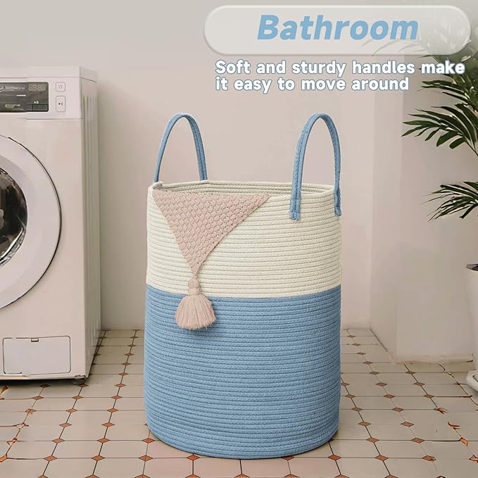 Large Woven Laundry Basket Hamper,80L Cotton Rope Storage Bin for Blankets,Toys and Clothes,Decorative Tall Nursery Hamper for Living Room,Baby Nursery,Bathroom and Bedroom,White and Blue