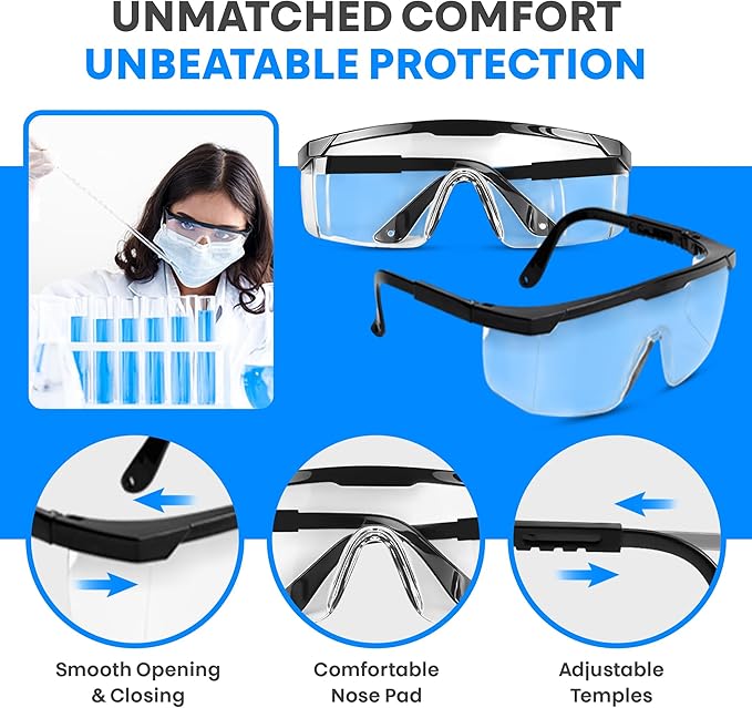 Safety Glasses, Full Coverage Lens, Built-in Brow Guard, UV Resistant, Anti-Fog, Anti-Scratches, Impact Resistant, Adjustable Side Frames, One Size Fits All, 12 Pack