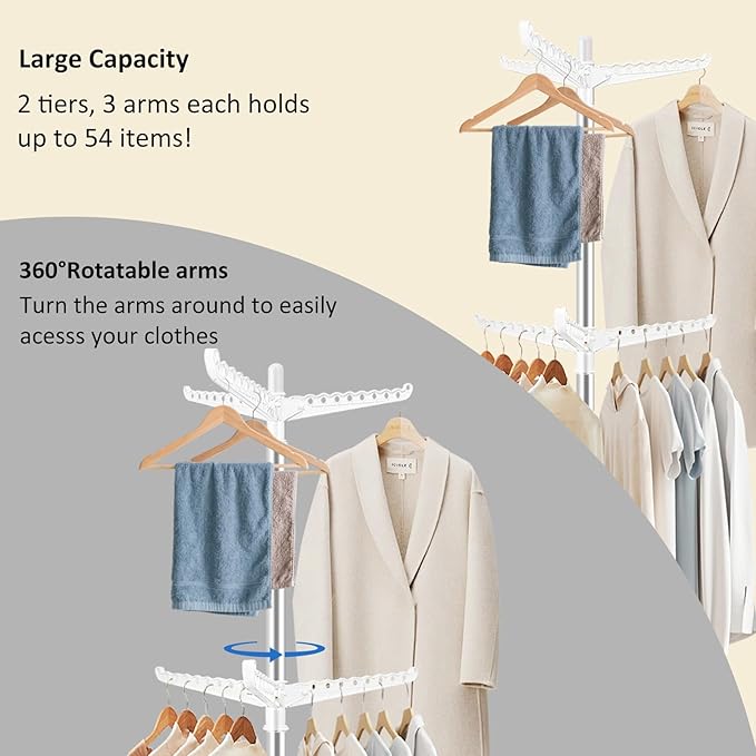 SUYU Clothes Drying Rack,Folding Clothes Drying Tree, 2 Layer with 6 Rotatable Arms,72-Inch Indoor Clothes Rack,Stainless Steel,4 Legs,White and Silver SNJ202