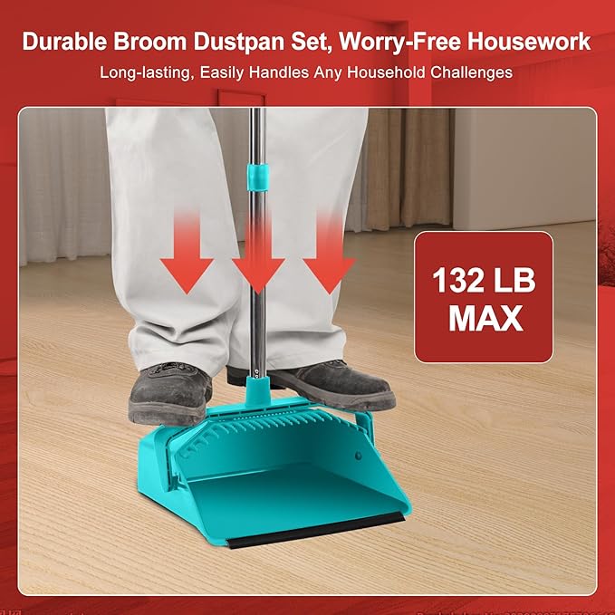 Upgrade Broom with Dustpan Combo Set, Broom and Dustpan Set with 51'' Long Handle, Large Upright Brooms and Dust Pans, ZeroGap Lip, Self-Cleaning Dustpan Teeth for Lobby and Restaurant - Blue