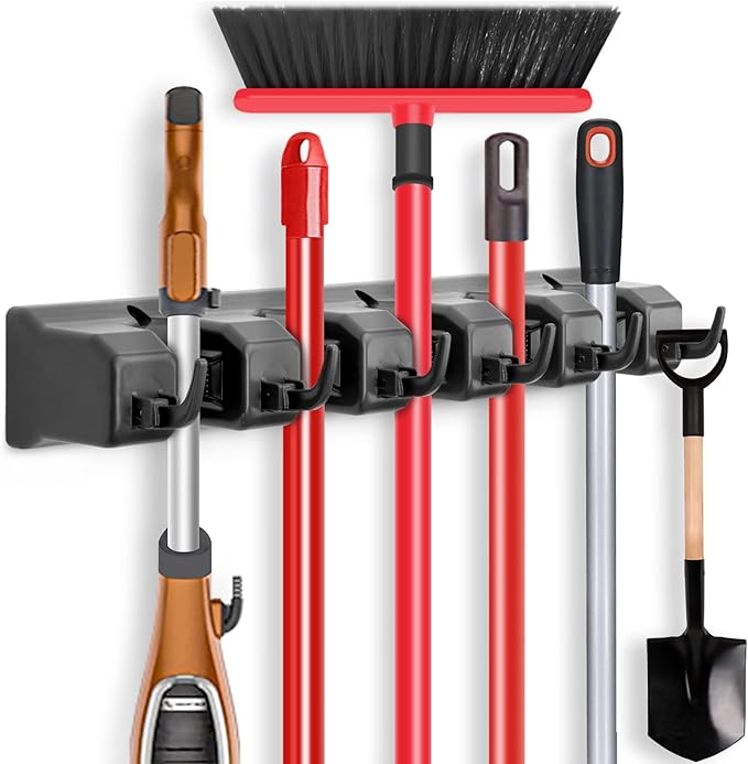 IMILLET Mop and Broom Holder, Wall Mounted Organizer-Mop and broom Storage Tool Rack with 5 Ball Slots and 6 Hooks (Black)
