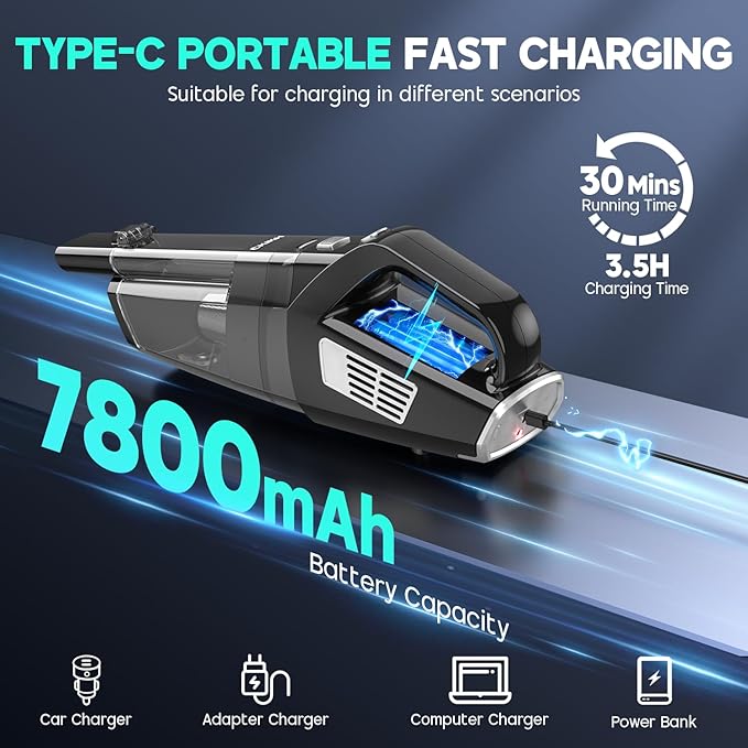 Handheld Vacuum Cordless, 15000PA Strong Suction Hand Held Car Vacuum Cleaner Portable with Multi-Nozzles & Washable Filter, Lightweight Dust Busters Rechargeable for Home, Car, Office, Pets
