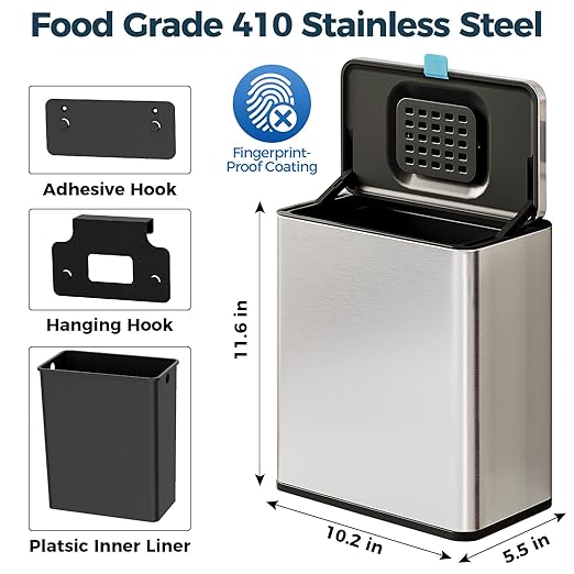 Stainless Steel Hanging Trash Can with Lid and Inner Bucket, 2 Gallon Kitchen Compost Bin for Counter Top, Under Sink or Wall Mount, Small Garbage Can for Cupboard/Bathroom/Bedroom/RV
