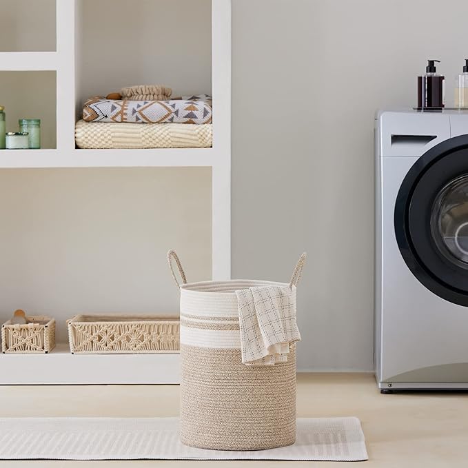 VIPOSCO Tall Laundry Hamper, Woven Rope Storage Basket for Blanket, Toys, Dirty Clothes in Living Room, Bathroom, Bedroom - 30L Brown & White