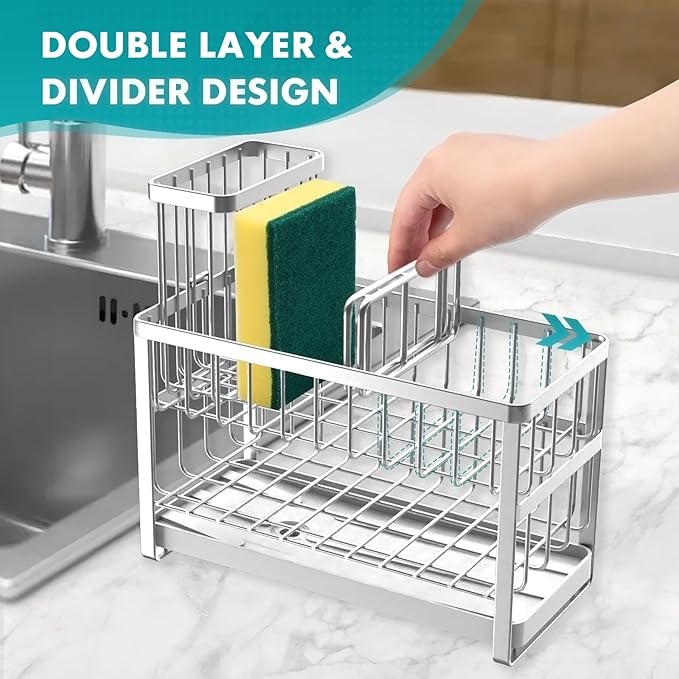 Sinnsally Kitchen Sponge Holder,2 Tier Sink Caddy Organizer with High Brush Holder,Stainless Steel Sink Box Dish Scrubber Holder,Soap Tray for Kitchen Counter Accessories & Storage Rack (Silver)