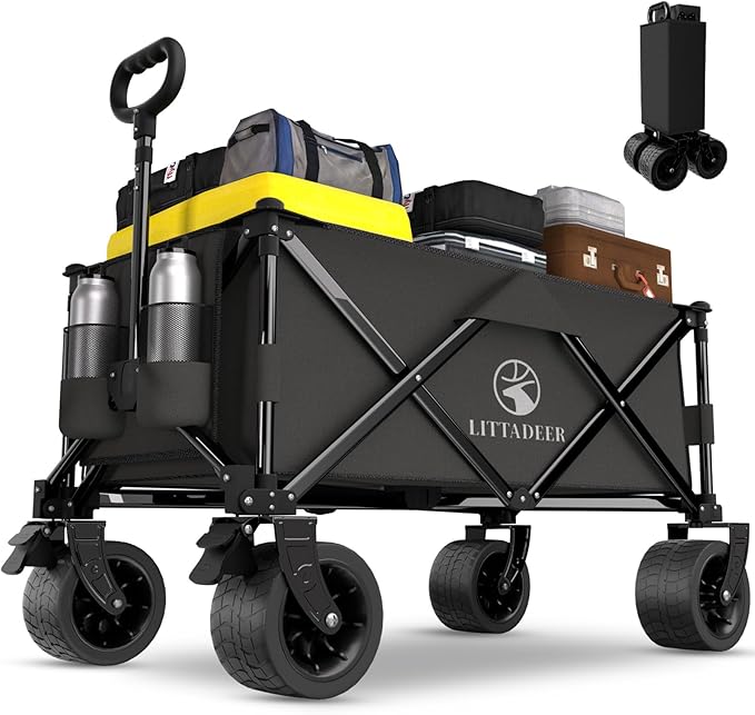 Collapsible Wagon Cart with Silent All-Terrain Wheels, Foldable Heavy Duty Beach Wagon with 330LB,Folding Cart with Cup Holders and Brakes for Camping, Garden,Shopping,Sports Black